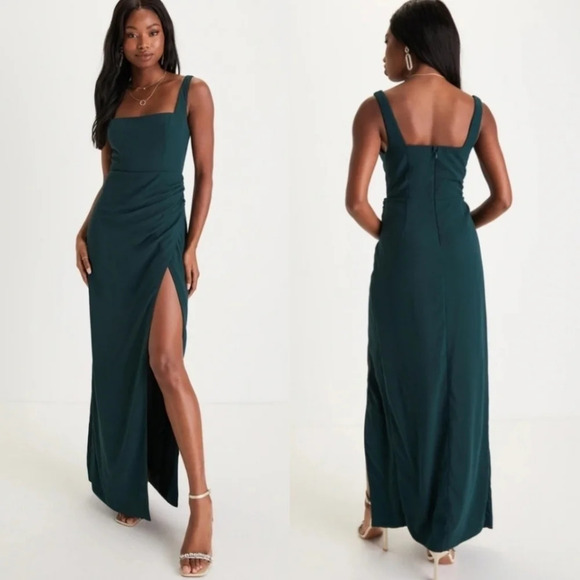 Lulu's Glamorous Disposition Emerald Green Ruched Maxi Dress Wedding Party Prom - Picture 1 of 11
